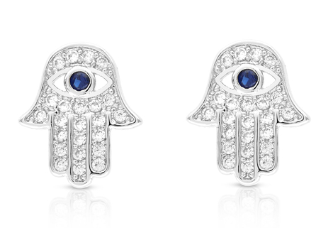 Sterling Silver Hamsa Stud Earrings with Blue and White Zircons - Option Gold