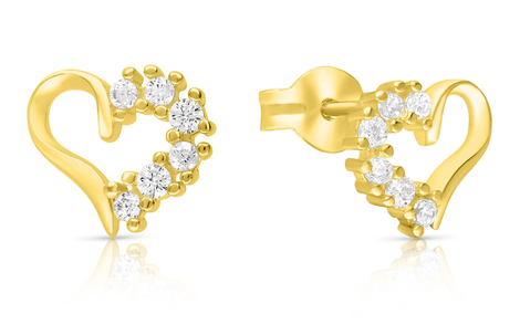Sterling Silver Stud Earrings with Zircons, Heart Shape - Gold Plated or Silver