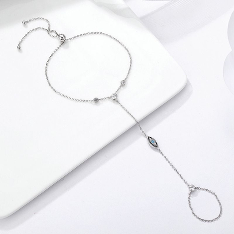 Sterling Silver Bracelet Ring - Evil Eye Decoration with Colorful Zircons