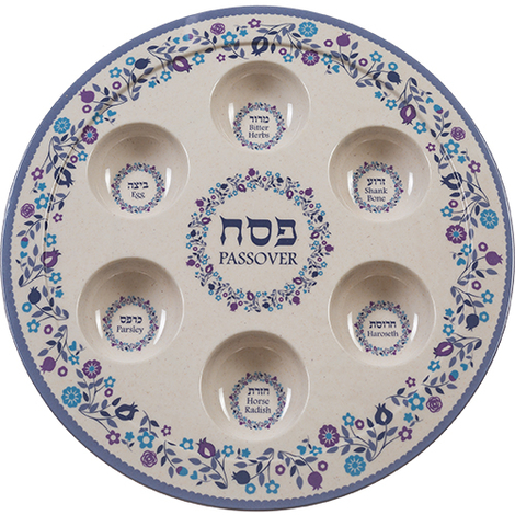 Melamine Seder Plate - Blue and Off White with Flower Design