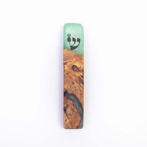 Eial Ovin Handmade Mezuzah Case, Natural Olive Wood and Epoxy - Ocean Turquoise