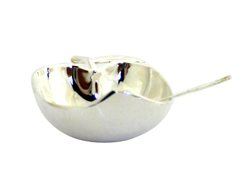 Gleaming Silver Honey Dish, Open Apple Shape - With Spoon
