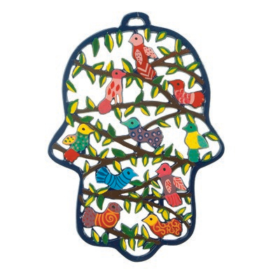 Yair Emanuel Large Laser Cut Hand-Painted Wall Hamsa - Flowers