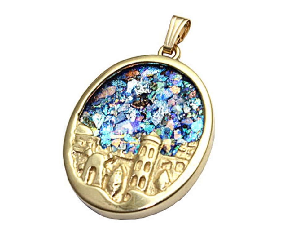 14K Gold Oval Pendant with Roman Glass and Sculpted Jerusalem Image