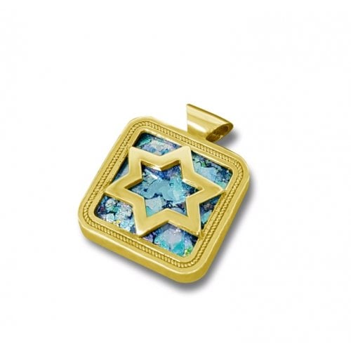 14K Gold Star of David Pendant with Roman Glass in Square Decorative Frame