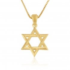 14K Solid Gold Necklace with Textured Star of David Pendant
