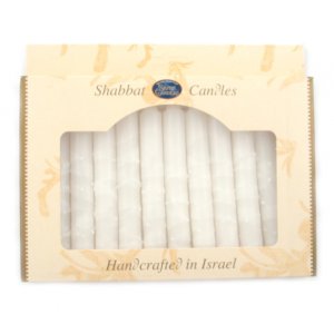 Decorative Handmade Galilee Shabbat Candles - Ivory with Streaks and Wax Beads