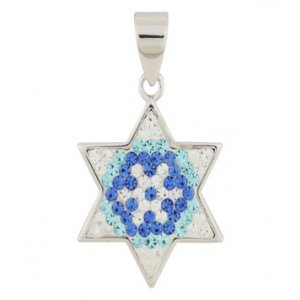 Gold Filled Star of David Pendant - Blue-White Crystals