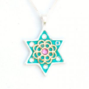 Green-Gold Flower Star of David Necklace by Ester Shahaf