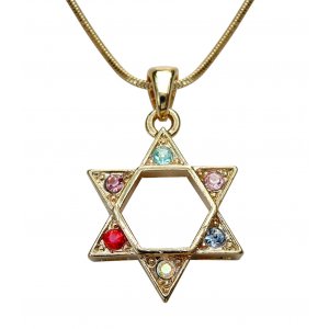 Rhodium Pendant Necklace, Gold Star of David with Colored Stones