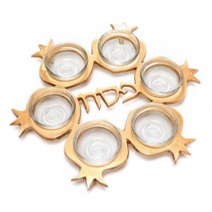 Pomegranate Shaped Seder Plate with Six Glass Bowls – Gold