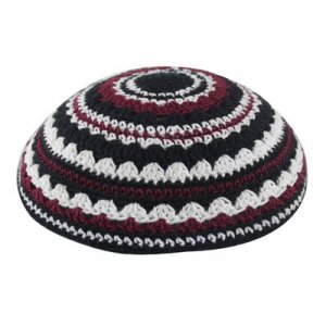 Knitted Kippah with Black, White and Maroon Stripes - Option for Sizes