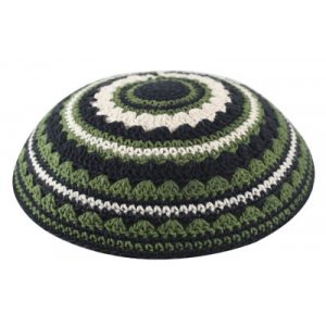 Knitted Kippah with Black, Green and Beige Stripes - Choice of Sizes