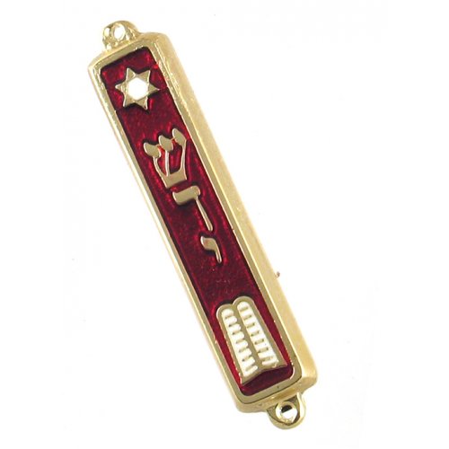 24K Gold Plated Mezuzah Case, Star of David and Torah Tablet - Maroon or Red