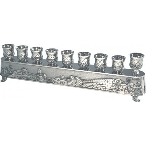 2-in-1 Nickel Plated Menorah, Jerusalem Engraving - Shabbat Lights on Reverse