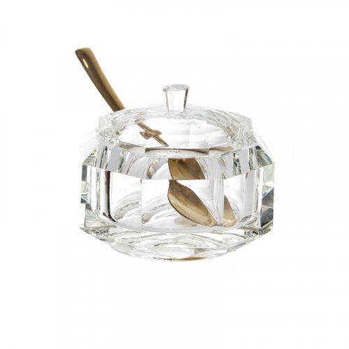 3 Piece Crystal Diamond Faceted Honey Dish for Rosh Hashanah – Lid and Spoon