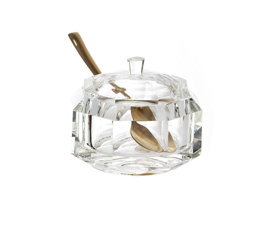 3 Piece Crystal Diamond Faceted Honey Dish for Rosh Hashanah – Lid and Spoon
