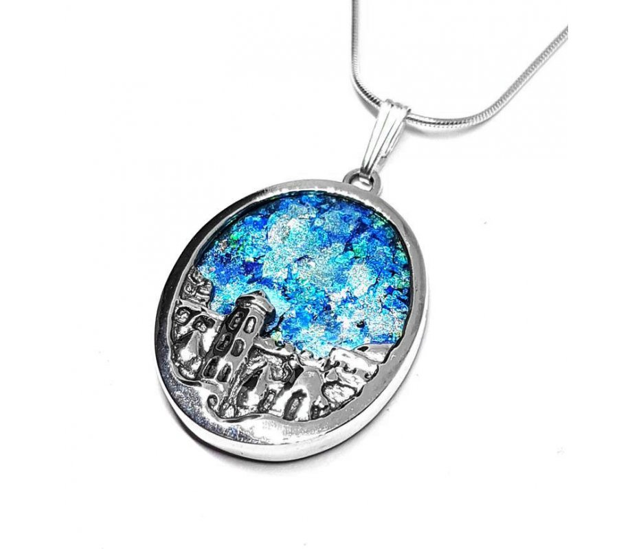 3D 925 Sterling Silver Pendant Necklace Roman Glass Jerusalem Design