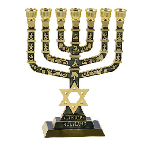 7 Branch Menorah Jerusalem & Judaic Images & Star of David, Dark Green - 9.5