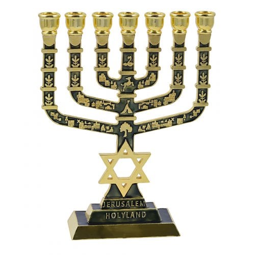 7 Branch Menorah Jerusalem & Judaic Images & Star of David, Dark Green - 9.5