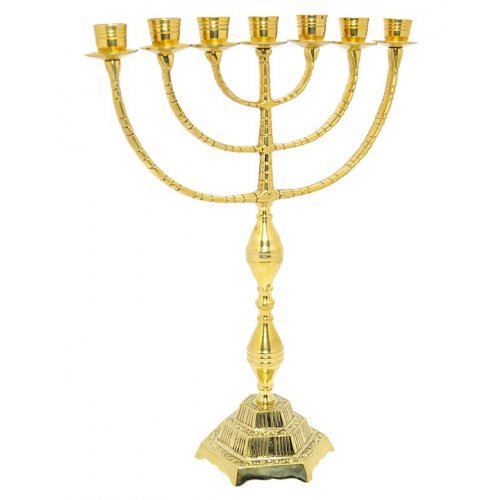 7 Branch Menorah in Gleaming Gold Brass, Decorative Design - 16