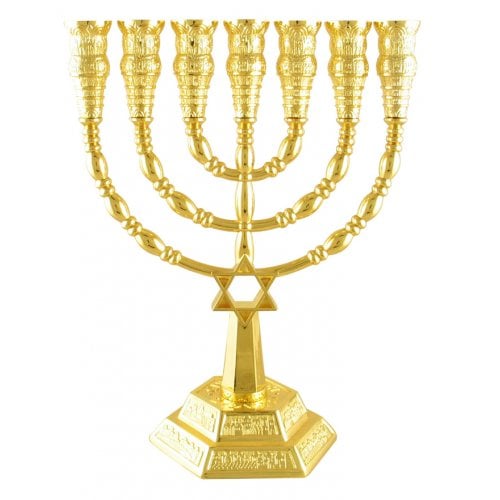 7 Branch Menorah with Star of David and Jerusalem Images, Gold  9.4 or 6