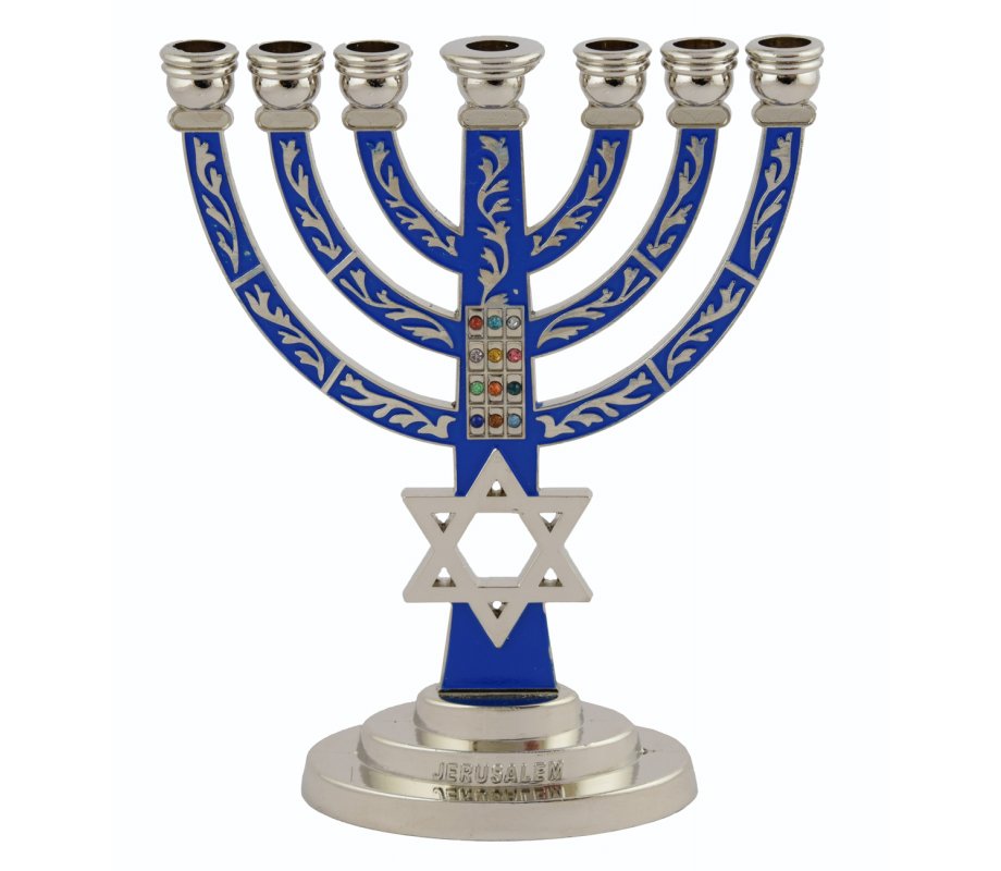 7-Branch Menorah, Dark Blue on Silver with Breastplate and Star of David – 5.2