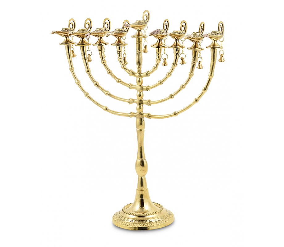 7-Branch Menorah, Golden Brass with Decorative Aladdin Lamp and Bell - 16”