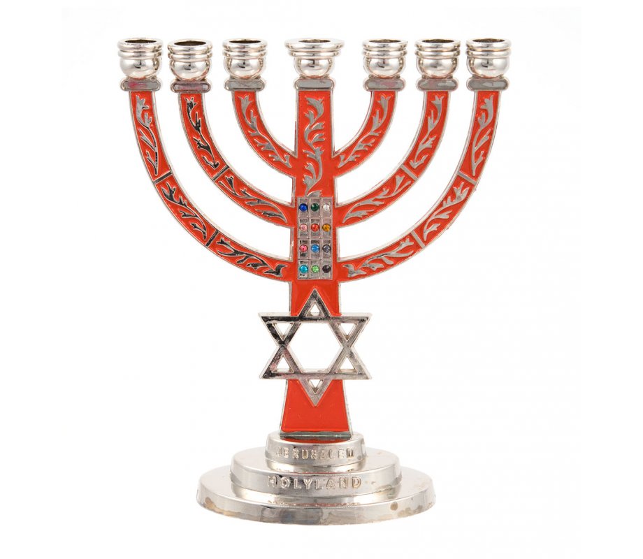 7-Branch Menorah, Red on Silver with Breastplate and Star of David – 5.2