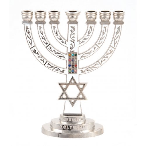 7-Branch Menorah, White on Silver with Breastplate and Star of David  5.2