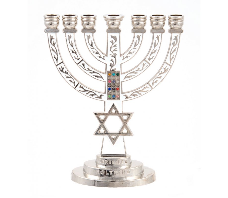 7-Branch Menorah, White on Silver with Breastplate and Star of David  5.2
