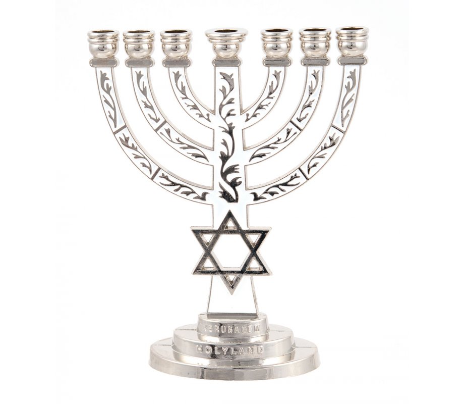 7-Branch Menorah, White on Silver with Breastplate and Star of David  5.2