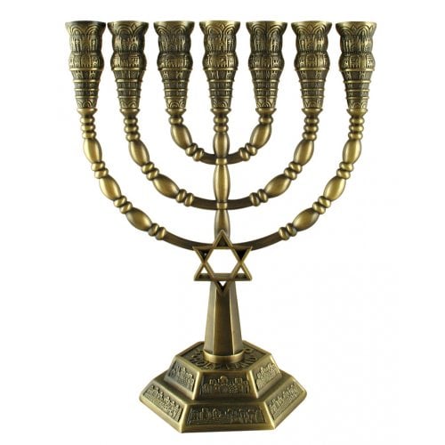 7-Branch Menorah with Star of David and Jerusalem Images, Bronze  9.4 or 6