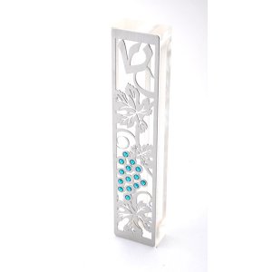 Dorit Judaica Laser Cut Steel Mezuzah Case Grapes - Turquoise Swarovski Stones