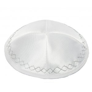 White Satin Kippah With Silver Geometric Border Design