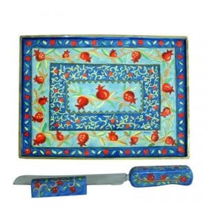 Yair Emanuel Hand Painted Wood Challah Board and Knife Set - Pomegranates