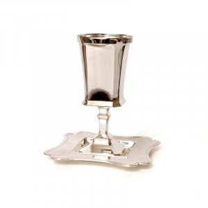 Silver Plated Smooth Kiddush Cup on Stem, Square Design with Matching Dish