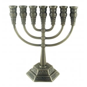 Seven Branch Menorah with Jerusalem Images, Pewter - Option 5.3" or 8.6" Height