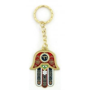 Nickel Plated Colorful Hamsa Keychain with Good Luck Symbols