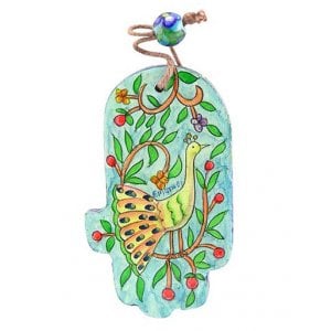 Yair Emanuel Small Hand Painted Wood Wall Hamsa, Green and Gold - Peacocks