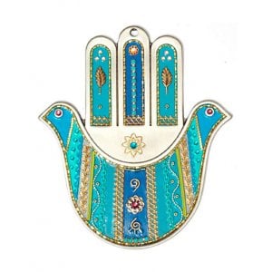 Pewter Wall Hamsa by Ester Shahaf - Turquoise Doves