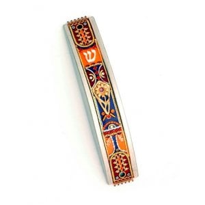 Curved Pewter Mezuzah in Orange and Blue by Ester Shahaf