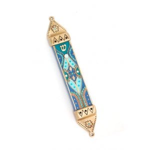 Wood & Pewter Mezuzah Blue and Green by Ester Shahaf