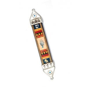 Wood & Pewter Mezuzah Hamsa by Ester Shahaf