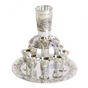 Silver Plated Kiddush Fountain with 8 Small Cups - Citadel of David Design