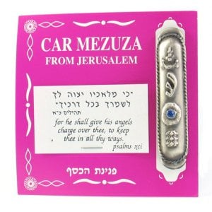 Silver Plated Car Mezuzah with "Shin" and Blue Stone