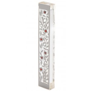 Dorit Judaica Large Lucite Metal Mezuzah Case Pomegranates - Red Crystals