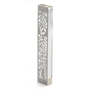 Dorit Judaica Large Lucite Mezuzah Case, Leaves and Flowers with Crystals - Clear