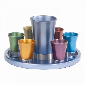 Yair Emanuel Aluminum Kiddush Goblet and Six Cups with Tray - Metallic Colors