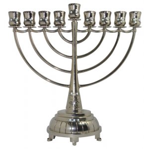 Nickel Plated Chanukah Menorah, Decorative Blue Stones - 11 Inches Height